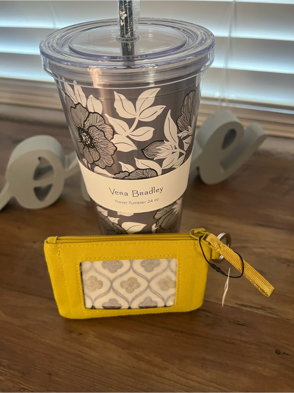 Vera Bradley Gray Floral Travel Tumbler with Yellow Card Wallet Wristlet